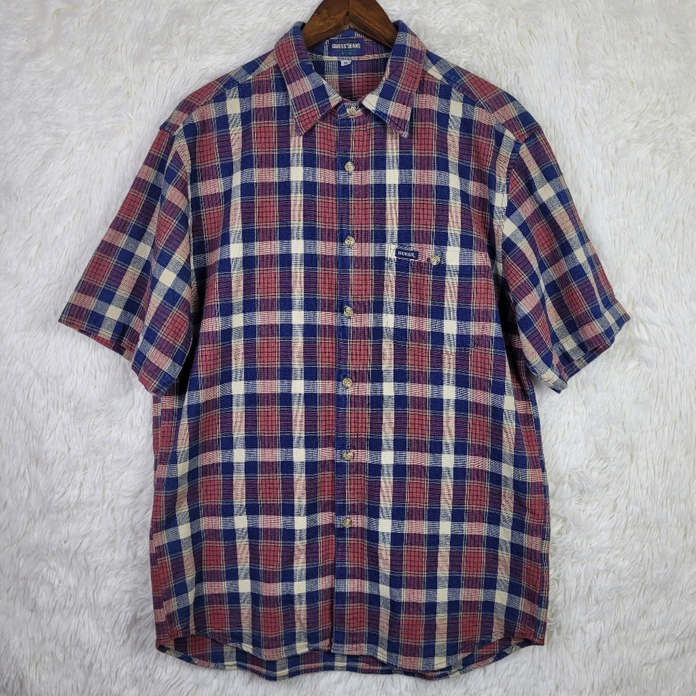 Vtg‎ 90s Guess Jeans Mens Med Plaid Woven Button Up Shirt Retro Classic Grunge